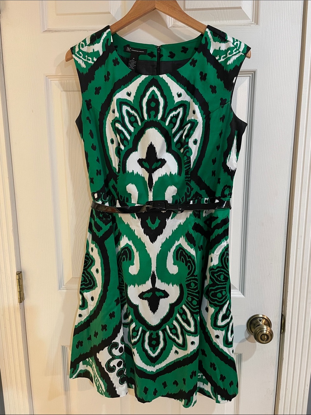 INC International Concepts Green, White & Black Sleeveless Midi Dress with Belt